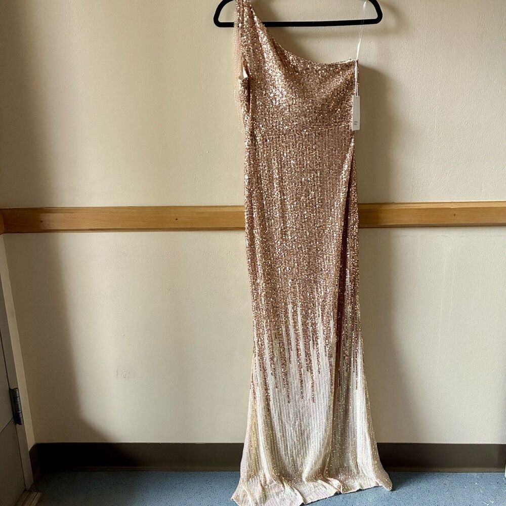 Kalinnu Beaded Shoulder Sequin Gown Rose Gold Draped Formal Dress Slit L Wedding - Picture 6 of 13
